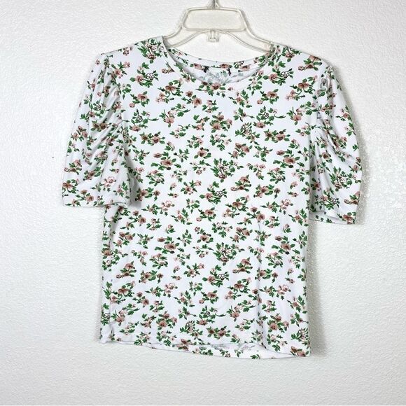 White Pink & Green Floral Puff Sleeve Tshirt - Picture 1 of 3